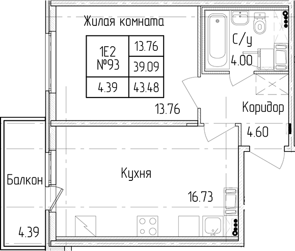 1-комнатная квартира 39.09 м², 3/4 эт., ЖК «Любоград в Стрельне»